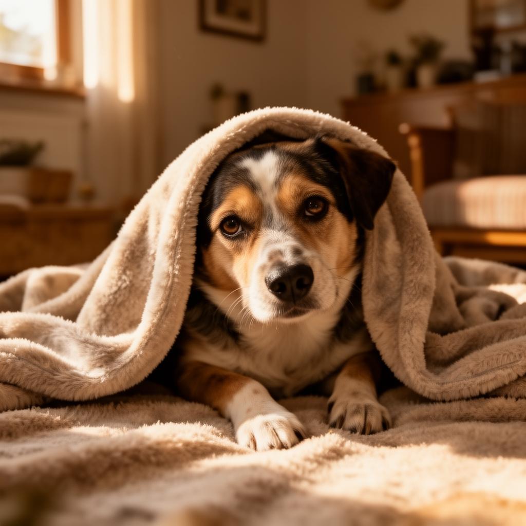 Tierheimhund liegt entspannt unter einer Decke