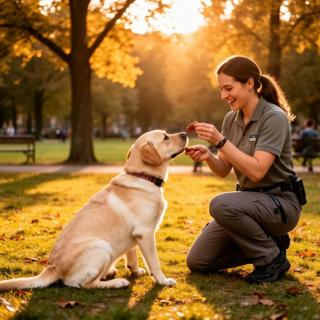Hundetrainerin arbeitet mit einem Labrador im Park