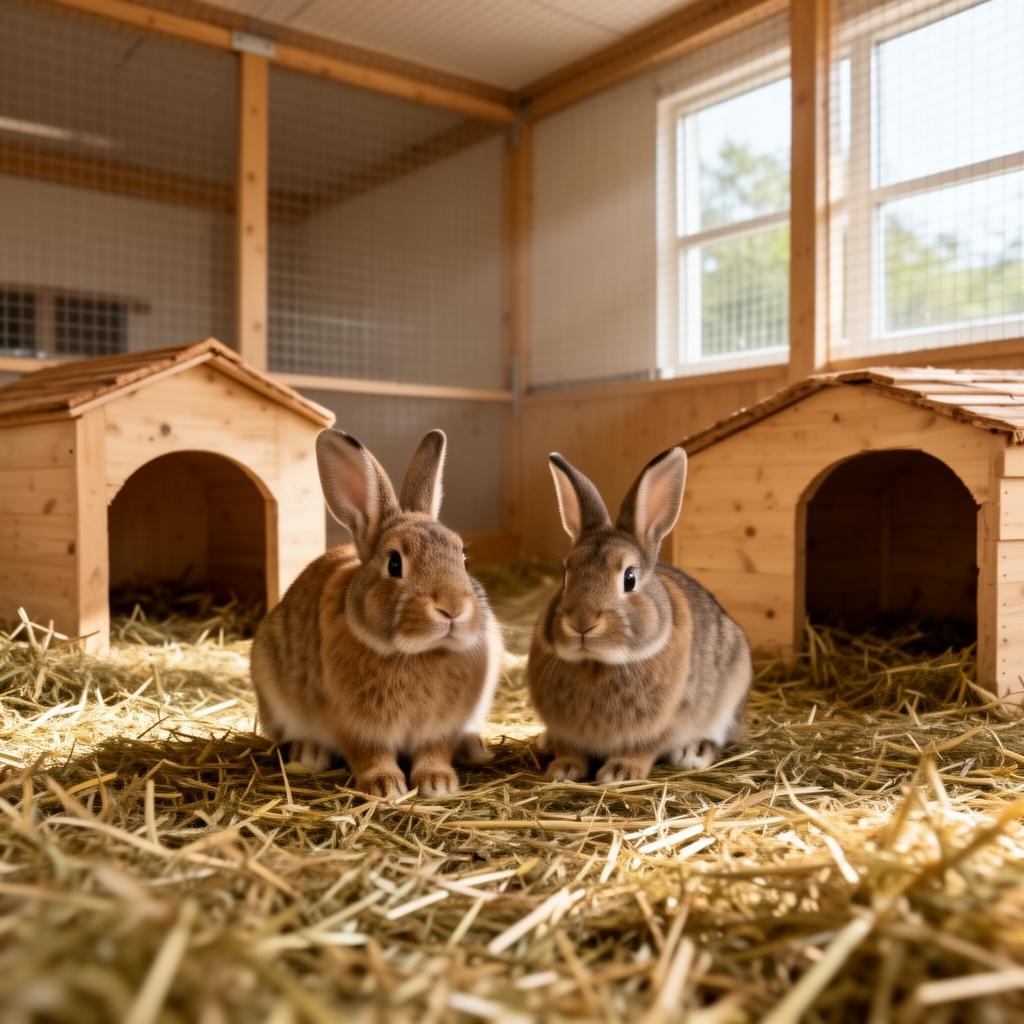 Zwei Kaninchen in einem großzügigen Innengehege mit Heu