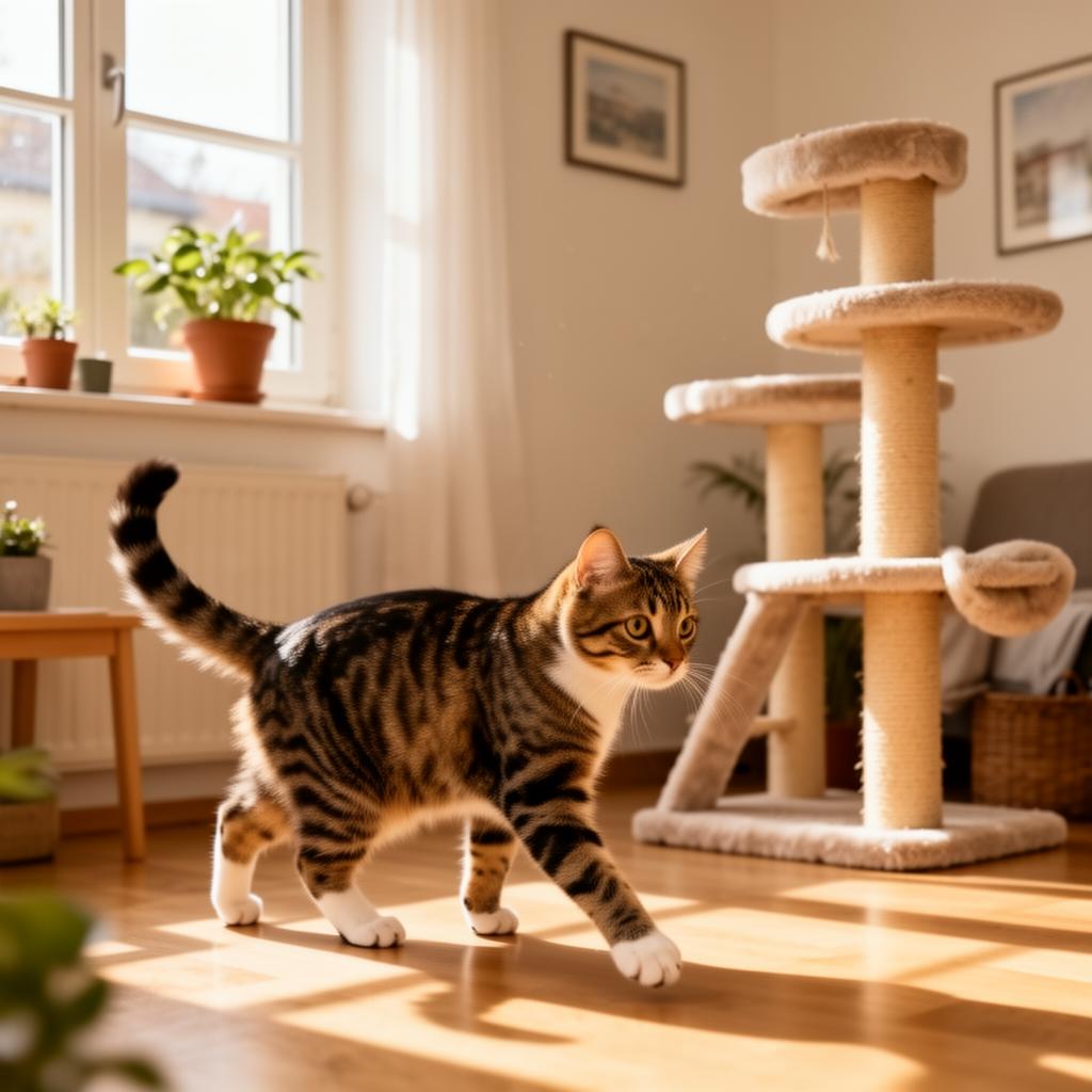 Getigerte Katze erkundet eine helle Wohnung