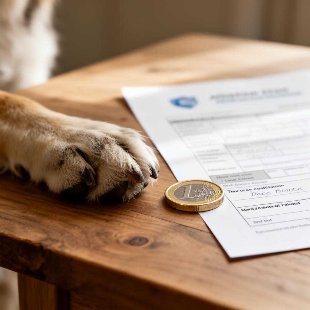 Hundepfote und Euro-Münze auf Adoptionsunterlagen